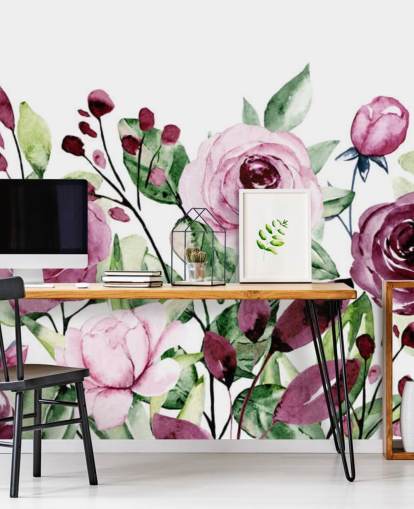 Painted Purple Flowers and Green Leaves Watercolor Wallpaper