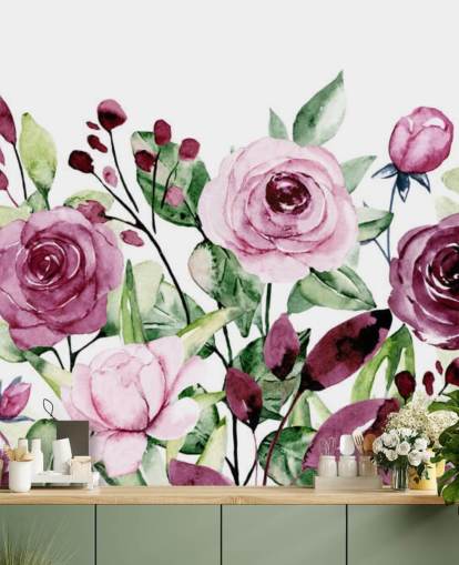 Painted Purple Flowers and Green Leaves Watercolor Wallpaper