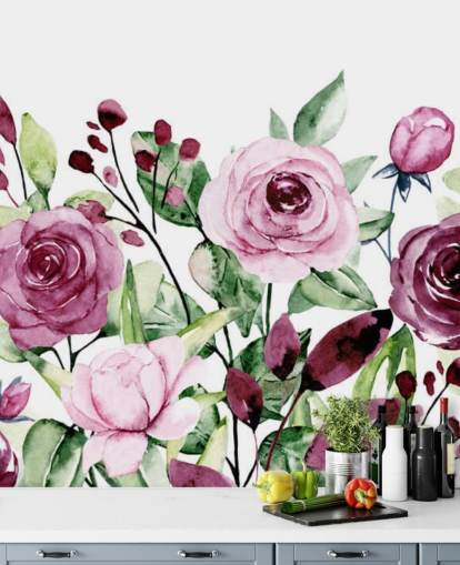 Painted Purple Flowers and Green Leaves Watercolour Wallpaper