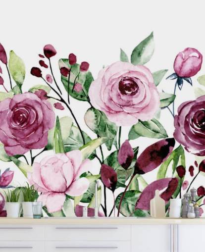 Painted Purple Flowers and Green Leaves Watercolour Wallpaper