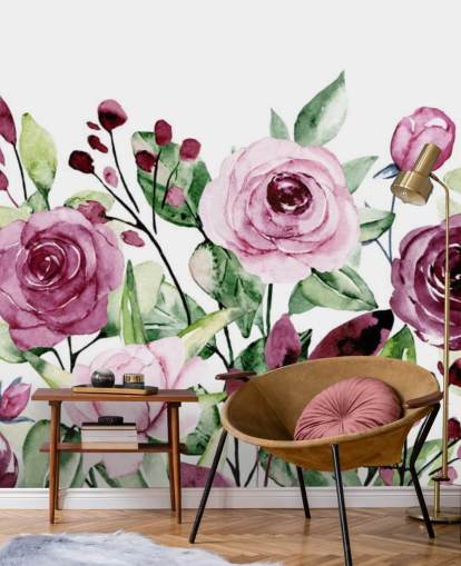 Painted Purple Flowers and Green Leaves Watercolour Wallpaper Painted Purple Flowers and Green Leaves Watercolour Wallpaper