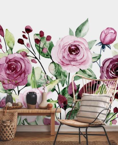 Papier peint aquarelle de fleurs violettes peintes et de feuilles vertes Papier peint aquarelle de fleurs violettes peintes et de feuilles vertes