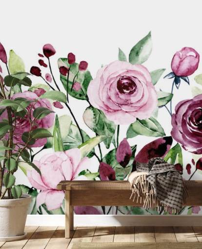 Painted Purple Flowers and Green Leaves Watercolour Wallpaper