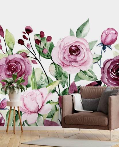 Papier peint aquarelle de fleurs violettes peintes et de feuilles vertes