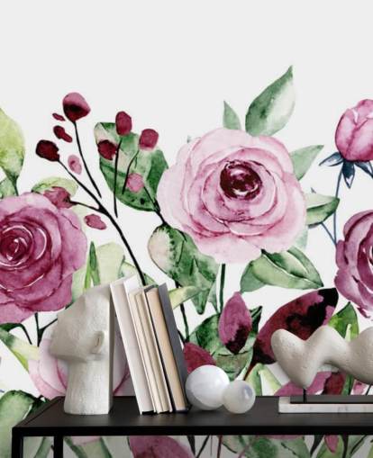 Papier peint aquarelle de fleurs violettes peintes et de feuilles vertes