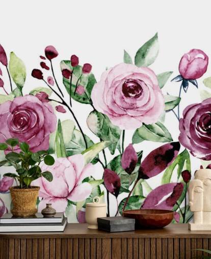 Painted Purple Flowers and Green Leaves Watercolor Wallpaper