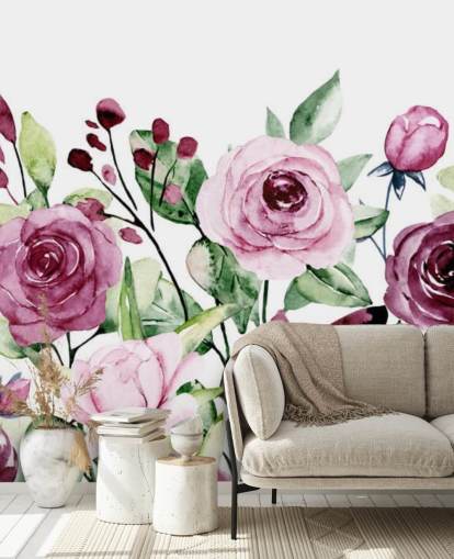 Painted Purple Flowers and Green Leaves Watercolor Wallpaper