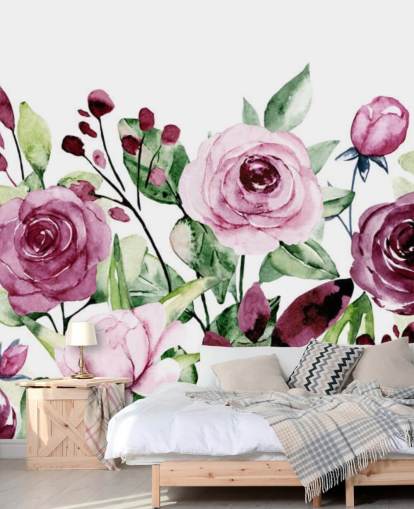 Painted Purple Flowers and Green Leaves Watercolour Wallpaper