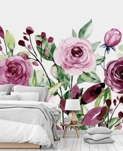 Painted Purple Flowers and Green Leaves Watercolour Wallpaper