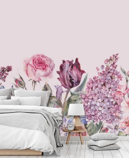 papel de parede roxo e rosa lilás e jardim de rosas