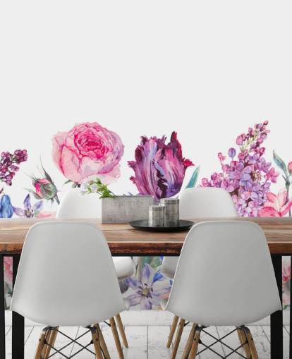 Papel pintado de bonitas flores moradas y rosas