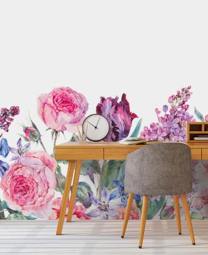 Papel pintado de bonitas flores moradas y rosas