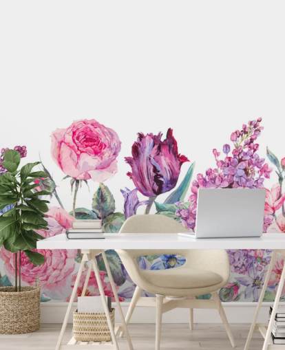 Papel pintado de bonitas flores moradas y rosas