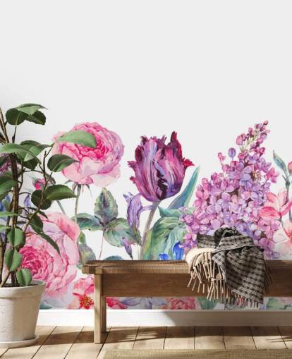 Papel pintado de bonitas flores moradas y rosas