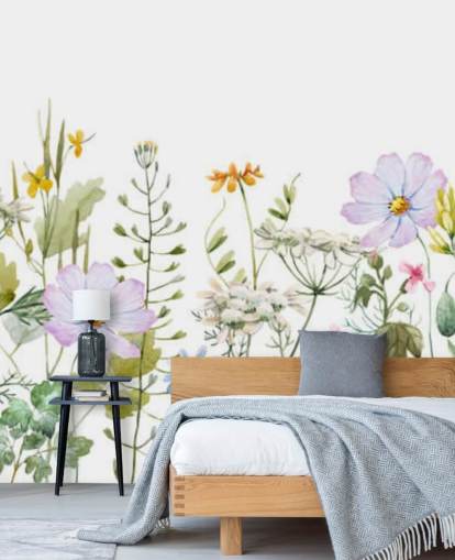 heldere op maat gemaakte bloemenweide behangmuurschildering genaamd Delicate Floral Meadow voor slaapkamers