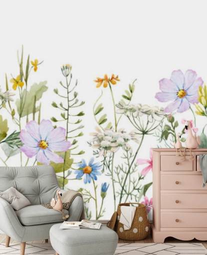heldere op maat gemaakte bloemenweide behangmuurschildering genaamd Delicate Floral Meadow voor slaapkamers