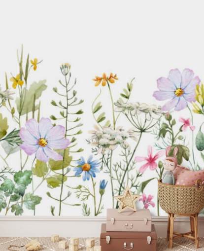 kirkas mukautettu kukka-niittytapetti seinämaalaus nimeltä Delicate Floral Meadow makuuhuoneisiin kirkas mukautettu kukka-niittytapetti seinämaalaus nimeltä Delicate Floral Meadow makuuhuoneisiin