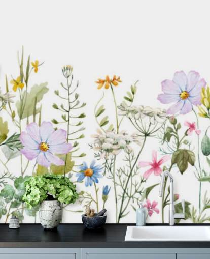 brillante mural de papel pintado personalizado de pradera floral llamado Delicate Floral Meadow para dormitorios