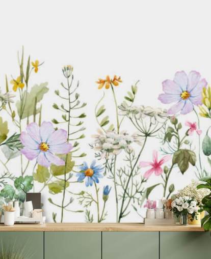 heldere op maat gemaakte bloemenweide behangmuurschildering genaamd Delicate Floral Meadow voor slaapkamers heldere op maat gemaakte bloemenweide behangmuurschildering genaamd Delicate Floral Meadow voor slaapkamers
