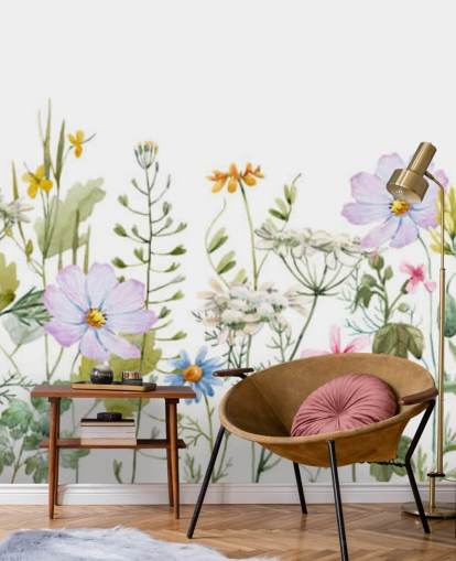 ljus anpassad blommig äng tapetväggmålning kallad Delicate Floral Meadow för sovrum