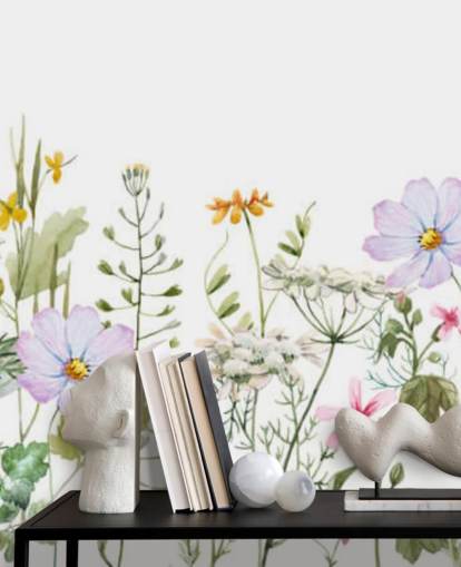 kirkas mukautettu kukka-niittytapetti seinämaalaus nimeltä Delicate Floral Meadow makuuhuoneisiin