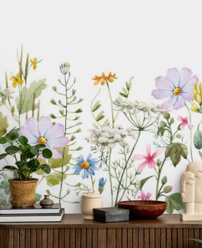 ljus anpassad blommig äng tapetväggmålning kallad Delicate Floral Meadow för sovrum ljus anpassad blommig äng tapetväggmålning kallad Delicate Floral Meadow för sovrum