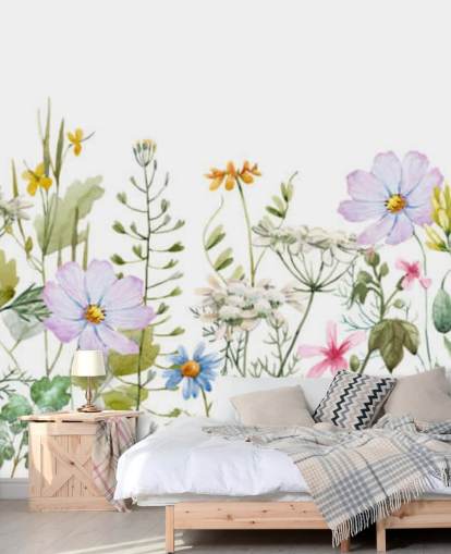 ljus anpassad blommig äng tapetväggmålning kallad Delicate Floral Meadow för sovrum