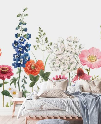 colourful illustrated meadow flowers wallpaper