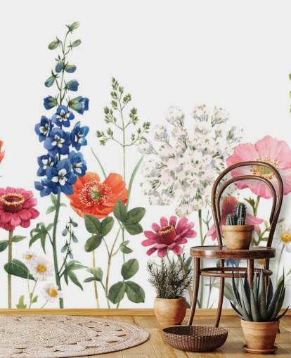 colourful illustrated meadow flowers wallpaper