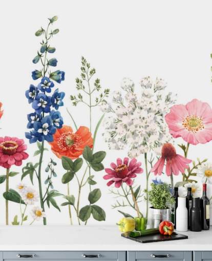 colourful illustrated meadow flowers wallpaper