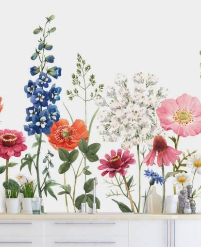 colourful illustrated meadow flowers wallpaper