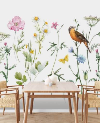 Geïllustreerde weide bloemen behang Geïllustreerde weide bloemen behang