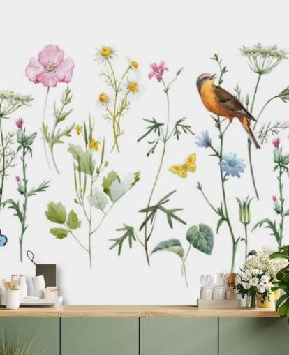 Geïllustreerde weide bloemen behang