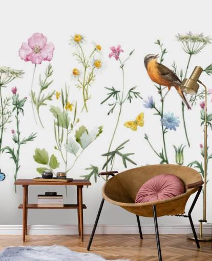 Geïllustreerde weide bloemen behang