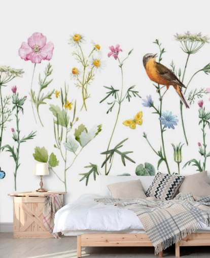 Geïllustreerde weide bloemen behang