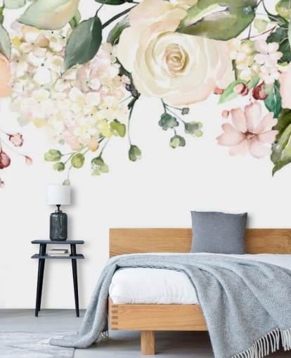 lichtroze en saliegroene op maat gemaakte hangende bloemen behangmuurschildering genaamd Romantic Flower Chandelier voor eetkamers