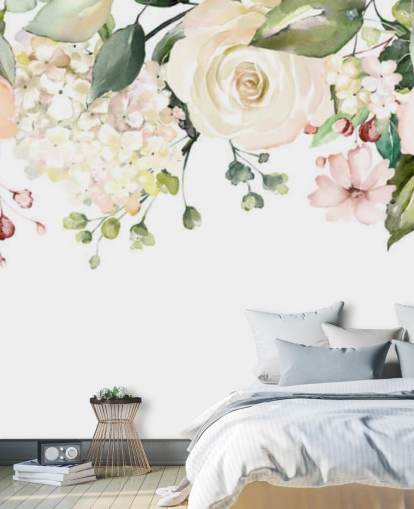 ljusrosa och salviagrön anpassade hängande blommor tapetväggmålning kallad Romantic Flower Chandelier för matsalar