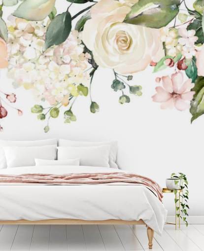 mural de papel pintado de flores colgantes personalizado de color rosa pálido y verde salvia llamado Romantic Flower Chandelier para comedores