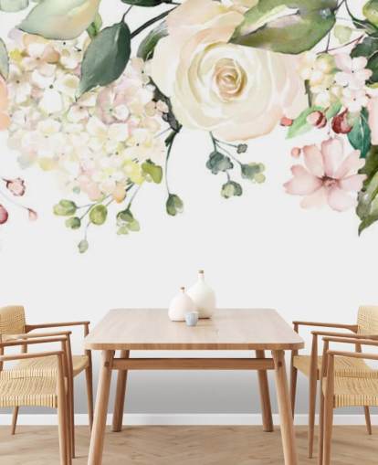mural de papel pintado de flores colgantes personalizado de color rosa pálido y verde salvia llamado Romantic Flower Chandelier para comedores