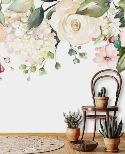 mural de papel pintado de flores colgantes personalizado de color rosa pálido y verde salvia llamado Romantic Flower Chandelier para comedores