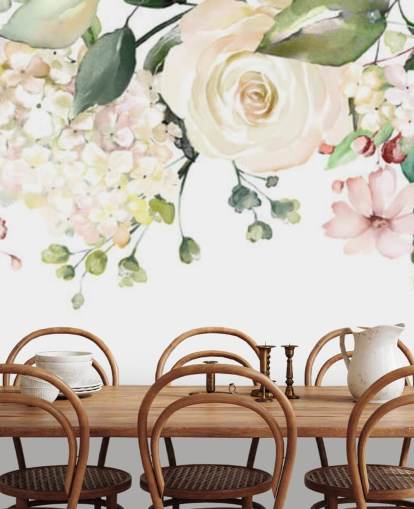 pale pink and sage green custom hanging flowers wallpaper mural called Romantic Flower Chandelier for dining rooms