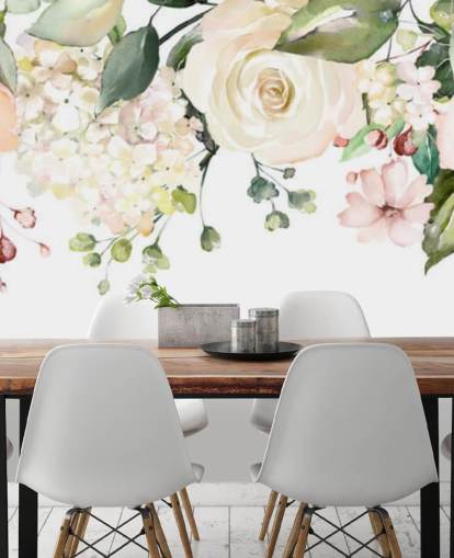 pale pink and sage green custom hanging flowers wallpaper mural called Romantic Flower Chandelier for dining rooms
