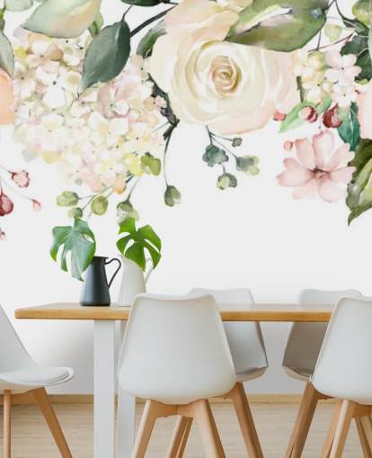 mural de papel pintado de flores colgantes personalizado de color rosa pálido y verde salvia llamado Romantic Flower Chandelier para comedores