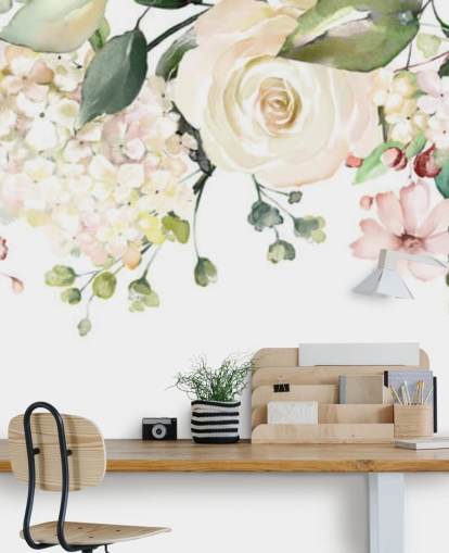 pale pink and sage green custom hanging flowers wallpaper mural called Romantic Flower Chandelier for dining rooms