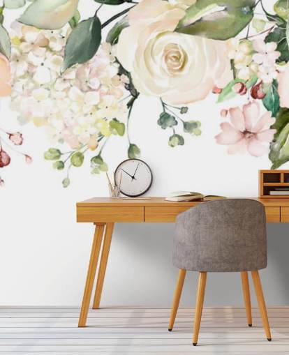 carta da parati murale con fiori da appendere personalizzati rosa pallido e verde salvia chiamato Romantic Flower Chandelier per sale da pranzo