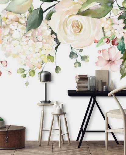 mural de papel de parede personalizado de flores penduradas em rosa pálido e verde sálvia chamado Romantic Flower Chandelier para salas de jantar