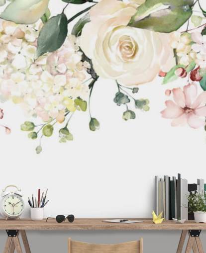 pale pink and sage green custom hanging flowers wallpaper mural called Romantic Flower Chandelier for dining rooms