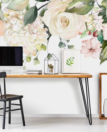 lichtroze en saliegroene op maat gemaakte hangende bloemen behangmuurschildering genaamd Romantic Flower Chandelier voor eetkamers lichtroze en saliegroene op maat gemaakte hangende bloemen behangmuurschildering genaamd Romantic Flower Chandelier voor eetkamers