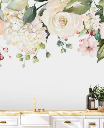 pale pink and sage green custom hanging flowers wallpaper mural called Romantic Flower Chandelier for dining rooms