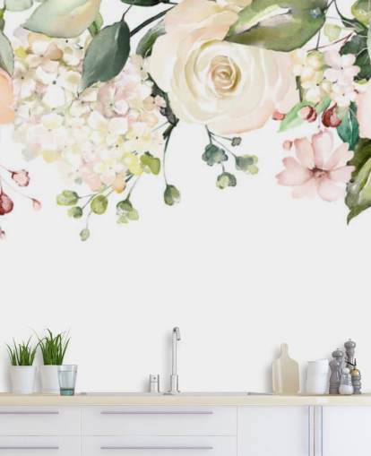 papier peint mural personnalisé de fleurs suspendues rose pâle et vert sauge appelé lustre à fleurs romantique pour salles à manger